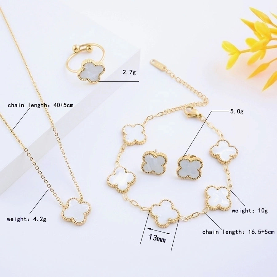 304 Stainless Steel 18K Gold Plated Elegant Glam Luxurious Plating Inlay Four Leaf Clover Acrylic Rings Bracelets Necklace