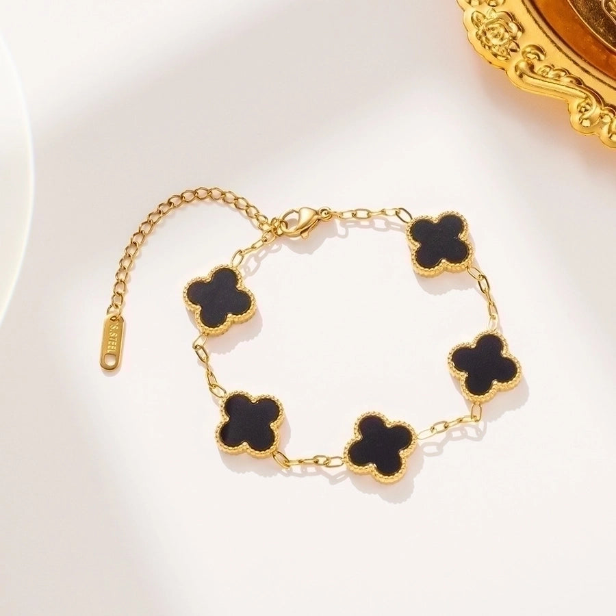 304 Stainless Steel 18K Gold Plated Elegant Glam Luxurious Plating Inlay Four Leaf Clover Acrylic Rings Bracelets Necklace